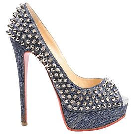 Christian Louboutin Lady Peep 150 Denim Spike Studs Open-toe Heels in Blue, Size 36.5 EU Blue
