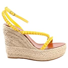 Christian Louboutin-Christian Louboutin MAFALDINA ZEPPA Patent Leather Spike Studs Wedge Sole Espadrilles Sandals in Yellow, Size 39 EU-Yellow