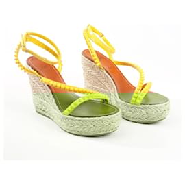 Christian Louboutin-Christian Louboutin MAFALDINA ZEPPA Patent Leather Spike Studs Wedge Sole Espadrilles Sandals in Yellow, Size 39 EU-Yellow