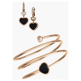 Set di bracciale e orecchini Chopard in oro rosa 18K, diamanti e onice nero Happy Hearts Twist Nero