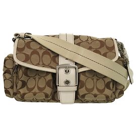 Bolsa de Ombro em Lona e Couro Coach Signature Marrom Bege