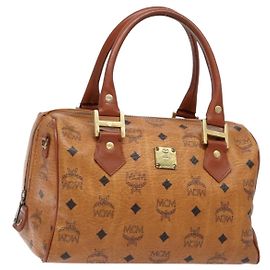 Bolsa de mão em lona e couro com logotipo Visetos da MCM Marrom
