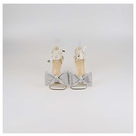 Sandálias de tornozelo em couro branco/prata e cristal com laço Mach & Mach Prata Branco