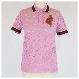 Polo de algodón negro con bordado floral de encaje Gucci Negro
