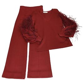 Conjunto de top de viscose vermelho com decote em V e acabamento em penas e calças largas Valentino Outro