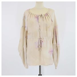Fendi Light Beige Floral Print Silk Drawstring Long Sleeve Blouse Beige