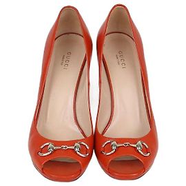 Gucci Dark Orange Leather Horsebit Peep Toe Pumps Orange