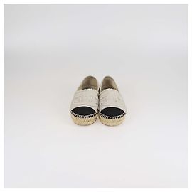 Chanel Off White/Black Canvas Espadrille CC Cap Toe Flats Black Eggshell