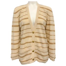 Chanel Vintage Beiger / Brauner Gestreifter Kaschmir-Cardigan Beige