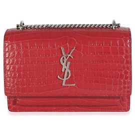 Saint Laurent Red Calfskin Crocodile Embossed Monogram Sunset Chain Wallet Red