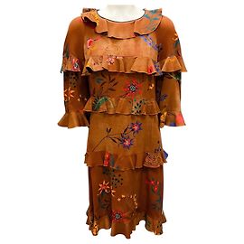 Fendi Brown Multi Floral Printed Ruffled Silk Dress Brown