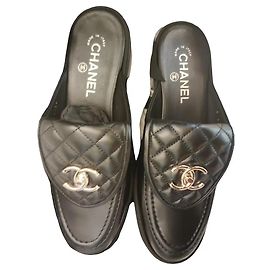 Chanel Turn Lock Mules Black Leather Black