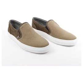 Corneliani-CORNELIANI Suede and Cloth Slip-On Sneakers in Brown, Size 50 EU-Brown