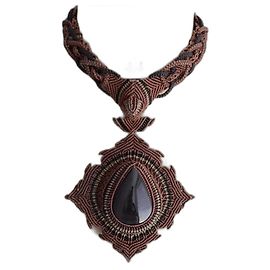 Autre Marque Collier Argentin Micromacramé Obsidienne Oeil Céleste Noir Marron clair
