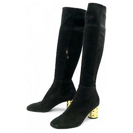 LOUIS VUITTON BLACK SUEDE HIGH HEEL BOOTS WITH GOLD HEELS SIZE 39 Black