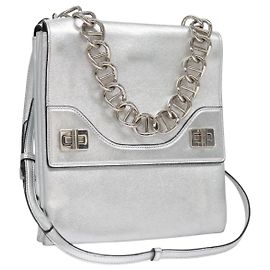 Bolsa de Ombro Prada Double Turn Lock em Couro Prata