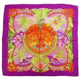 Lenço de seda Hermès Carré 90 ALOHA Verde Laranja Roxo