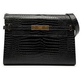 Saint Laurent Black Medium Shiny Croc Embossed Manhattan Shoulder Bag Black