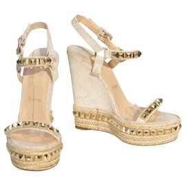 Christian Louboutin-Christian Louboutin Cataclou White/Gold Studded Espadrille Wedge Sandals sz 9-White