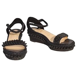 Christian Louboutin-Christian Louboutin Black Leather Madmonica 60 Spiked Espadrille Sandals Size 9-Black