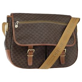 Céline Bolsa de Ombro Macadam Vintage Celine em Lona e Couro Marrom