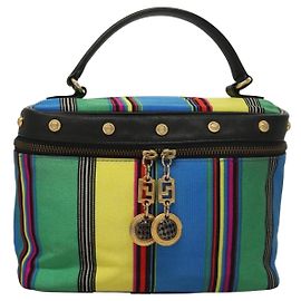 Versace Vanity Hand Bag Canvas and Leather Blue