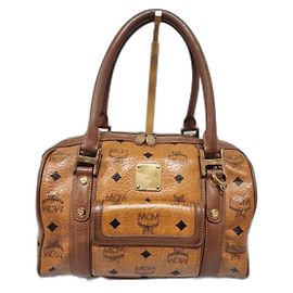 Bolsa Boston com bolso frontal em lona revestida e couro MCM Visetos Cognac/Marron Marrom