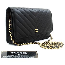 Bolsa de corrente WOC em couro de bezerro V-Stitch da CHANEL Preto