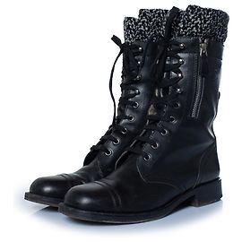 Chanel, Black leather cc tweed sock combat boots Black
