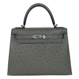 Hermès Kelly 28 Couro de avestruz Cinza Cinza