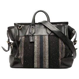 Burberry Gray Leather Trimmed Tweed Striped Weekender Brown Dark grey