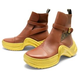 Louis Vuitton-LOUIS VUITTON ARCHLIGHT BOOTS 39 LEATHER & MONOGRAM ANKLE BOOTS-Brown