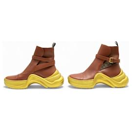 Louis Vuitton-LOUIS VUITTON ARCHLIGHT BOOTS 39 LEATHER & MONOGRAM ANKLE BOOTS-Brown
