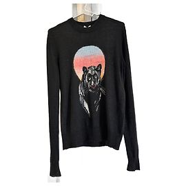 Saint Laurent Pullover Schwarz Mohair Wolle Leopardenmuster Schwarz