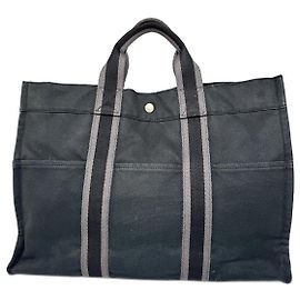 Bolsa tote de lona vintage Hermès preta e cinza Preto