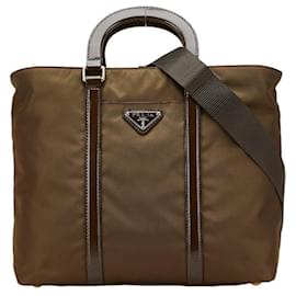 Bolsa Prada com placa de logotipo triangular em caqui e marrom Marrom Caqui