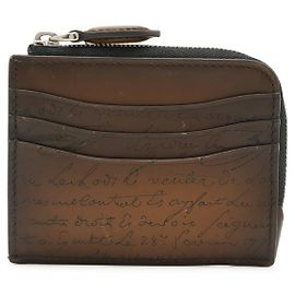 Berluti Script Leather Calligraphy Core Logic Zip Card Holder Brown