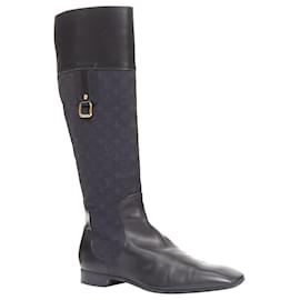 Louis Vuitton-LOUIS VUITTON Mini Lin black monogram canvas saure toe riding boots EU37.5-Black