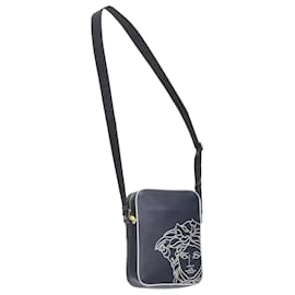 Versace-Bolsa mensageiro cruzada Greca em couro de bezerro navy cinza VERSACE-Azul,Azul marinho