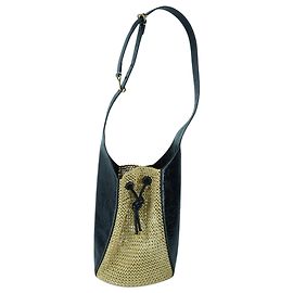 Borsa a secchiello in pelle e rafia Tory Burch Nero