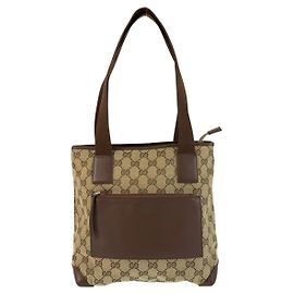 Gucci GG Canvas Leather Tote Shoulder Bag Brown