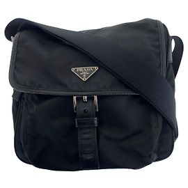 Bolsa de ombro em nylon e couro com logo Tessuto da Prada Preto