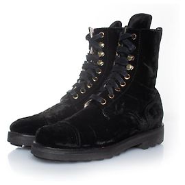 Botas de combate de veludo Chanel com cadarço Preto