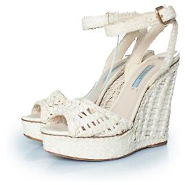 Prada white braided leather peep toe wedge White