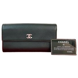 Chanel Coco Mark Clover Motif Leather Long Wallet Black
