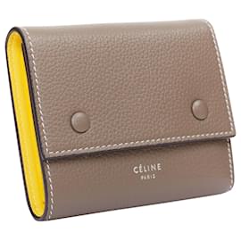 Céline-CELINE Trifold Compact Dune drummed calfskin yellow lined folded wallet-Brown,Beige