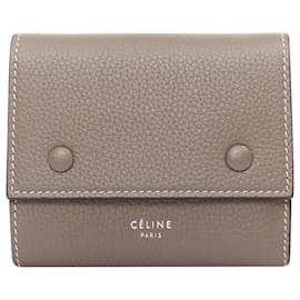 Céline-CELINE Trifold Compact Dune drummed calfskin yellow lined folded wallet-Brown,Beige