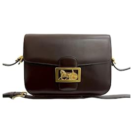 Céline-CELINE Carriage Leather Shoulder Bag in Brown-Brown