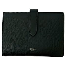 Céline-Celine Medium Strap Leather Compact Bifold Wallet-Black