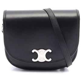 Céline-Celine Triomphe Leather Shoulder Bag Black-Black